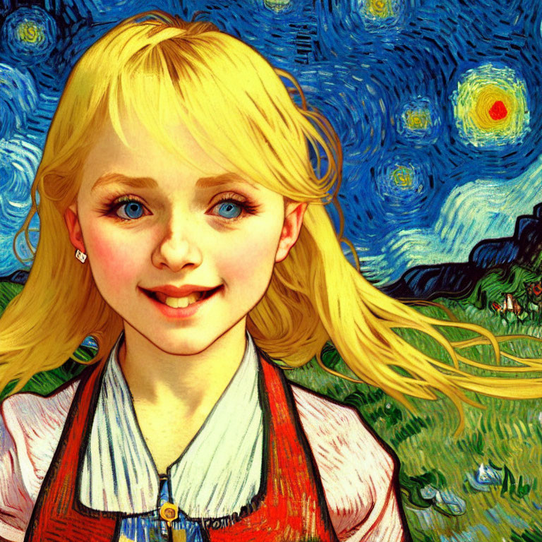 Blonde Girl Portrait with Van Gogh Style Background