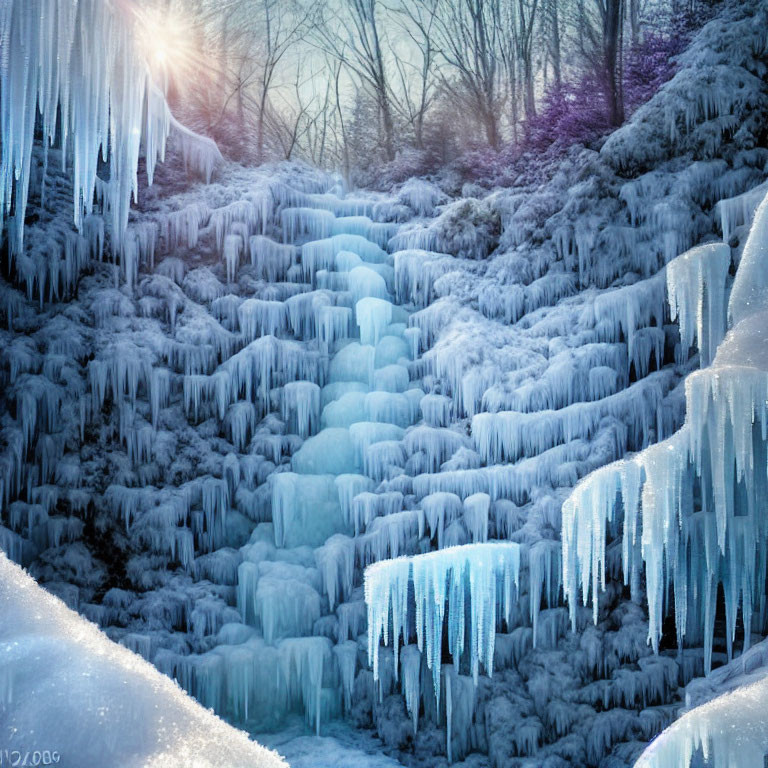 Frozen Waterfall with Icicles and Snow-Covered Rocks in Winter Landscape