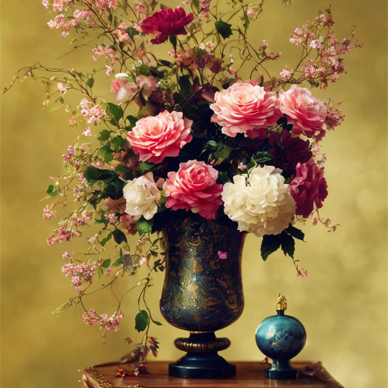 Pink and White Rose Bouquet in Ornate Vase on Wooden Surface