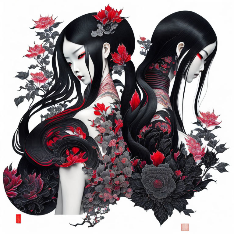 Two figures with pale skin and long black hair adorned with red and black floral patterns