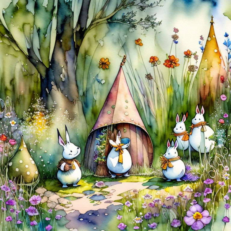 Four rabbits in fairy garden with colorful watercolor scenery