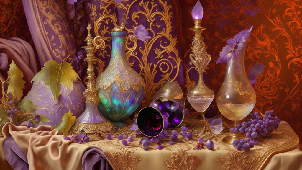 Opulent still life with iridescent vases and purple grapes