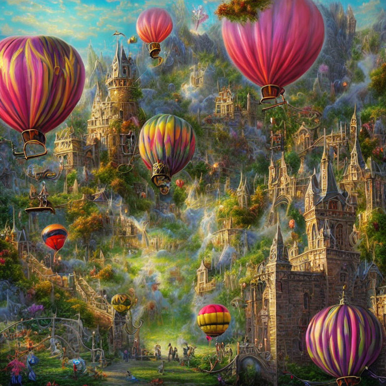 Colorful hot air balloons over enchanting castle in fantasy landscape