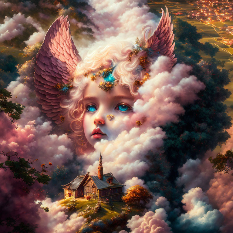 Surreal image: Angelic child's face with wings in cloud-covered landscape