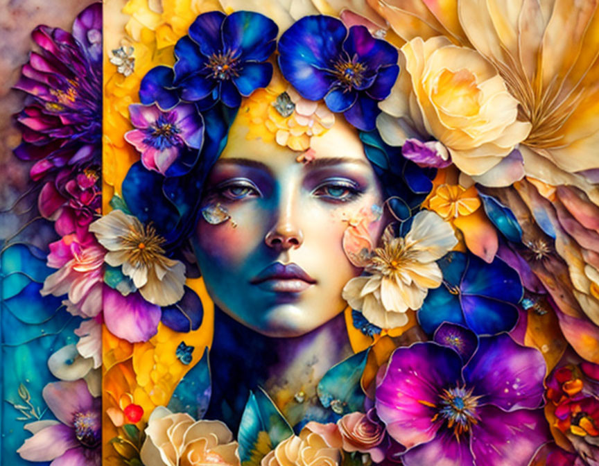 Vibrant portrait of a woman with floral elements in blue, yellow, and purple