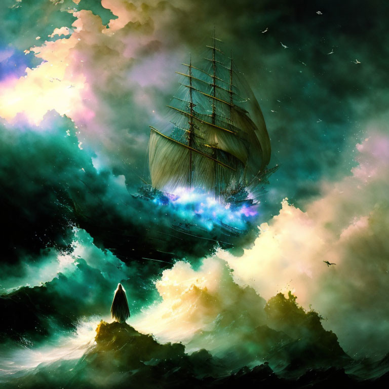 Tall ship sailing in vibrant dreamlike seascape