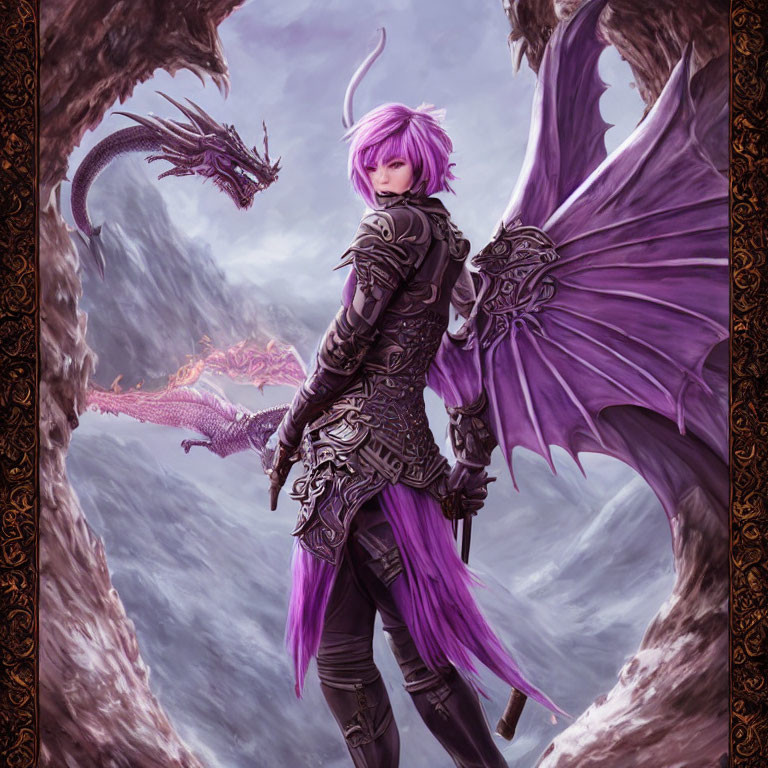 Fantasy illustration of character with purple hair, wings, and dragons