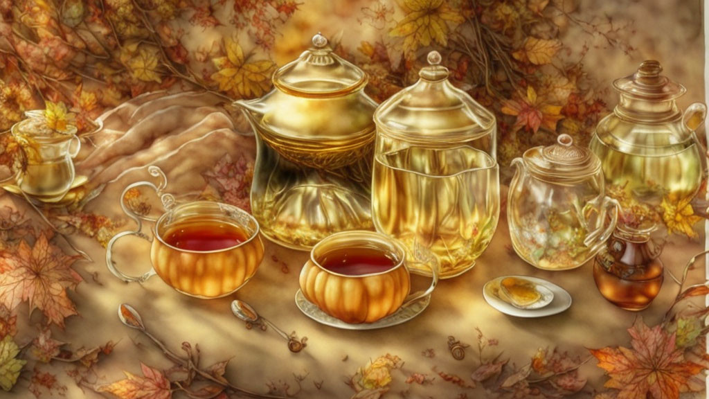 Elegant tea set with teapots and cups among autumn leaves