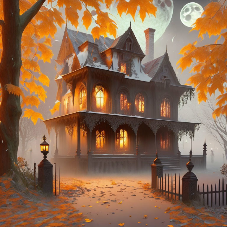 Victorian-style house in autumn setting with double full moon and foggy ambiance