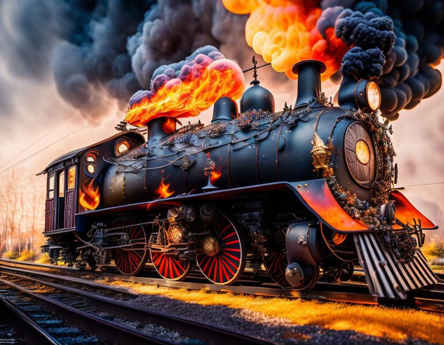 Vintage Train with Vibrant Flames and Smoke on Tracks at Dusk