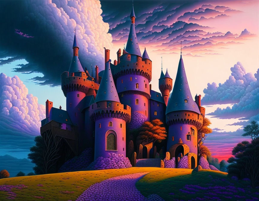 Fantasy castle with multiple towers in vibrant sunset scenery