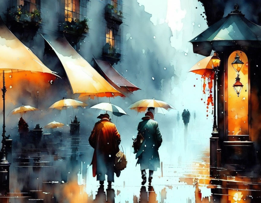 Night Rainy Street Scene with Two Individuals and Umbrellas