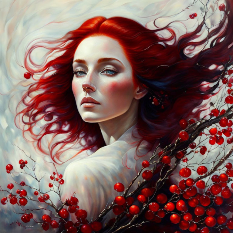 Red-haired woman with branches and berries against swirling backdrop