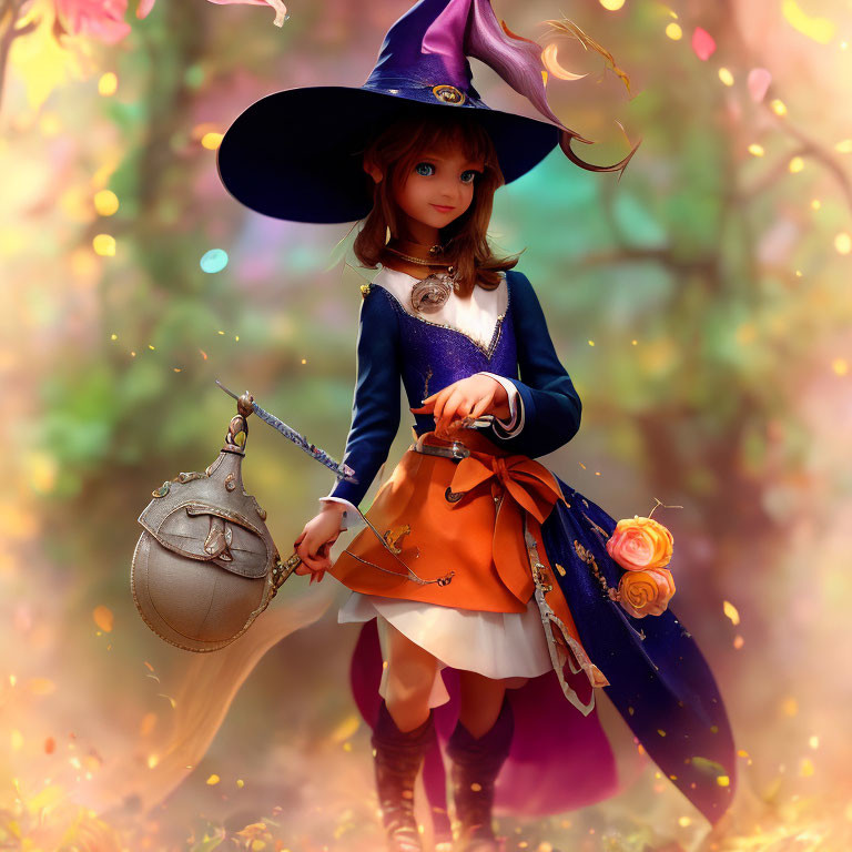 Witch doll in blue and purple outfit with broom on colorful background