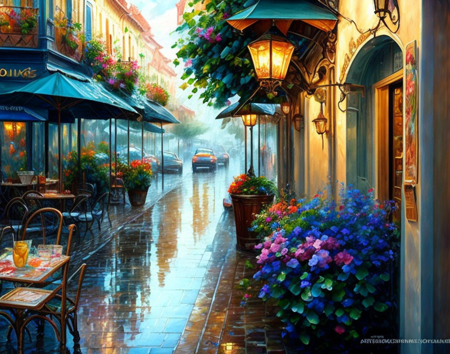 Colorful painting of rainy cobblestone street with flowers, cafes, and street lamps