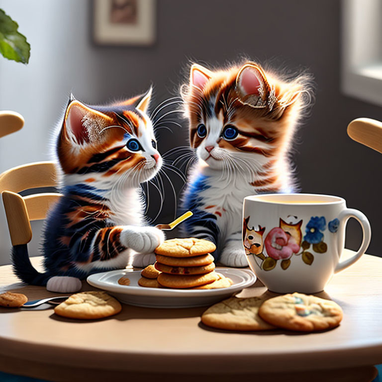 Two cute kittens with big eyes at a table with cookies and cat cup