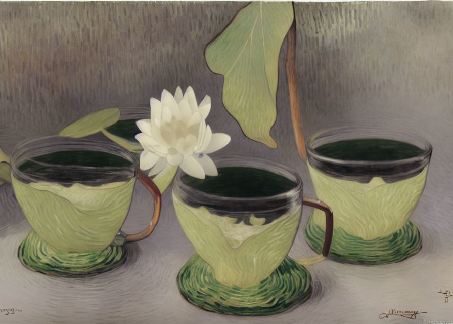 Three teacups with greenery and a white flower on a reflective surface