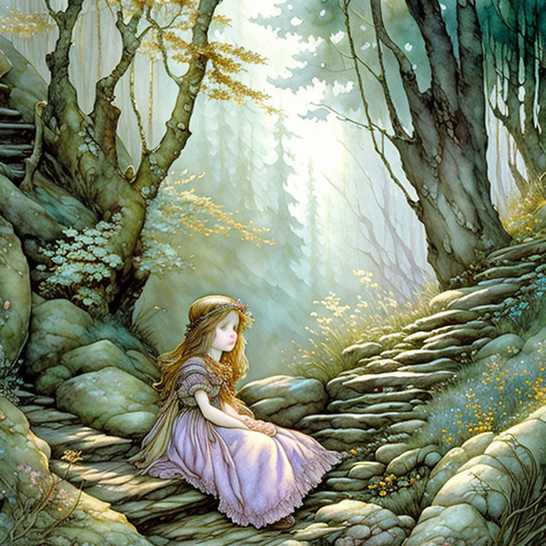 Girl in Purple Dress Sitting on Woodland Path Surrounded by Trees