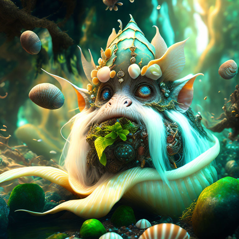 Fantastical creature with multiple eyes and snail shell in lush underwater setting