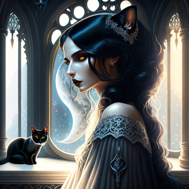 Fantasy illustration of woman with cat-like features in gothic window setting