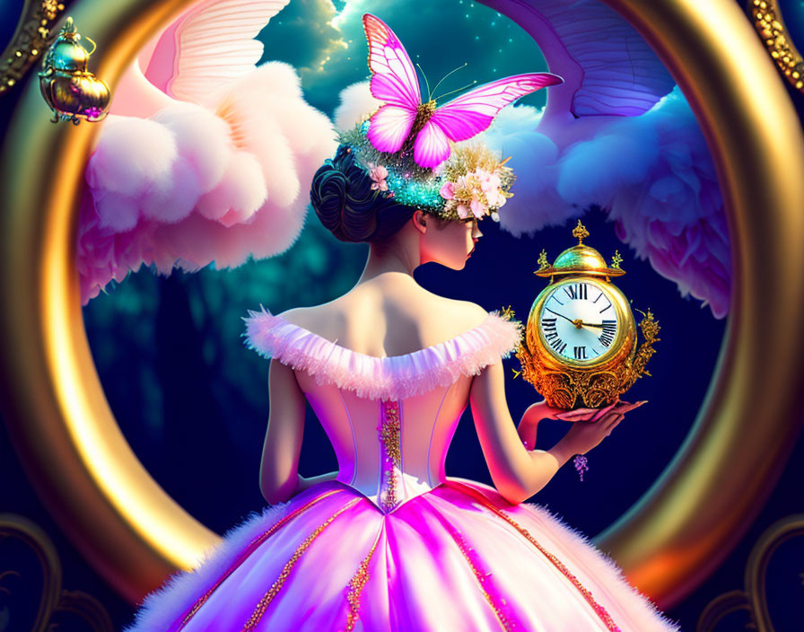 Woman in pink dress with golden clock, vibrant clouds, butterfly, and lantern.