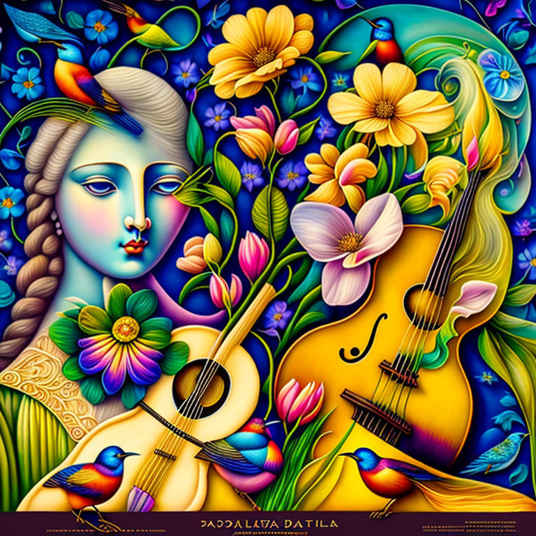 Colorful Surrealist Artwork: Woman's Face with Flowers, Birds, and Guitar