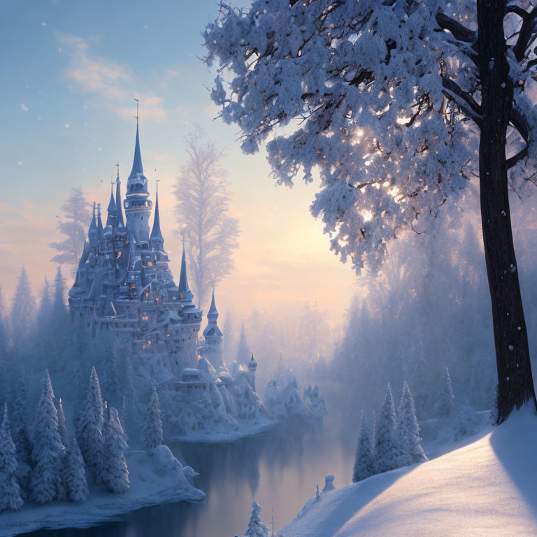 Snowy Twilight Landscape with Majestic Castle and Reflections