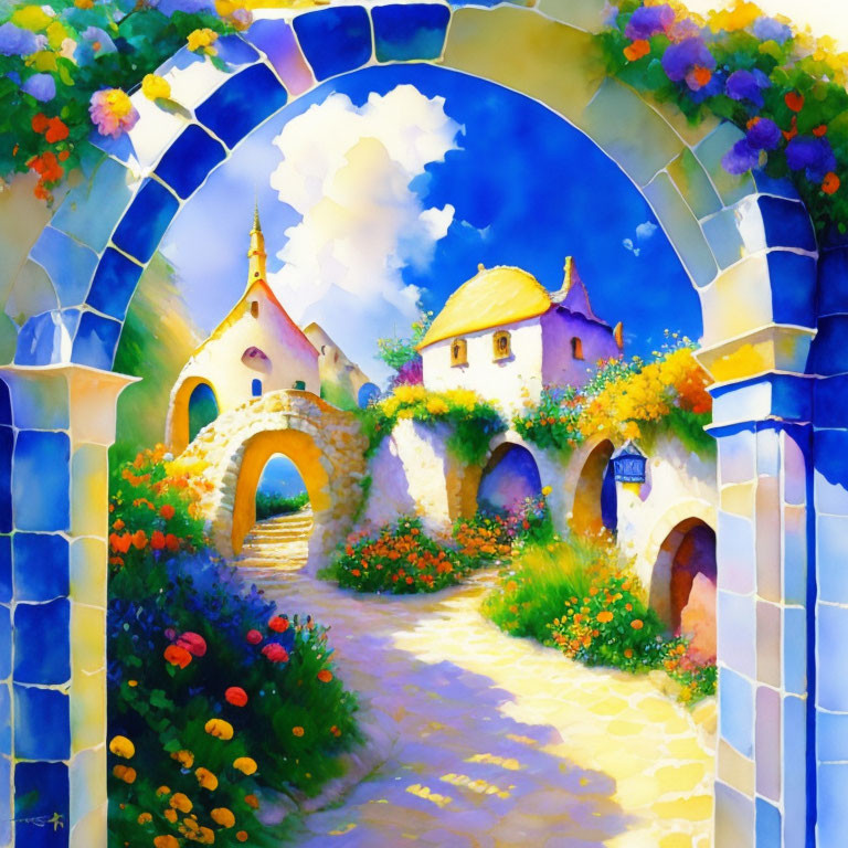 Colorful painting of village pathway and arch bridge under blue sky