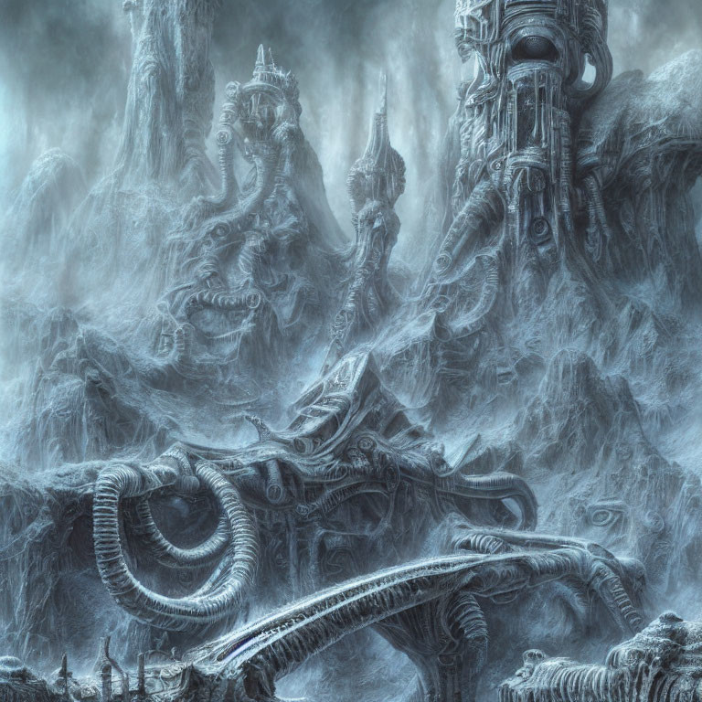 Monochromatic fantasy landscape with towering ornate structures in swirling mists