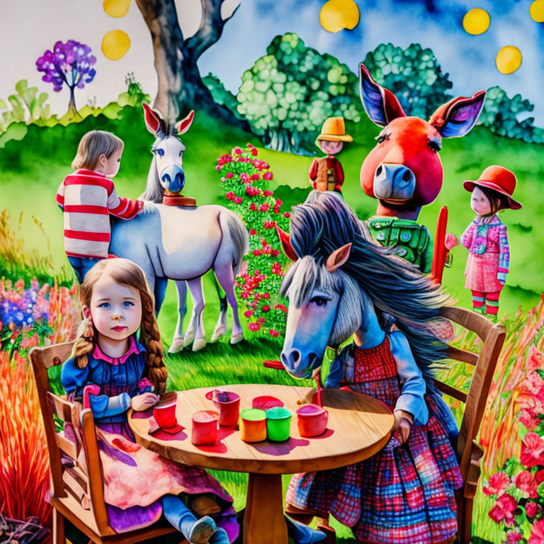 Colorful fantasy tea party with girl, animals, and whimsical characters