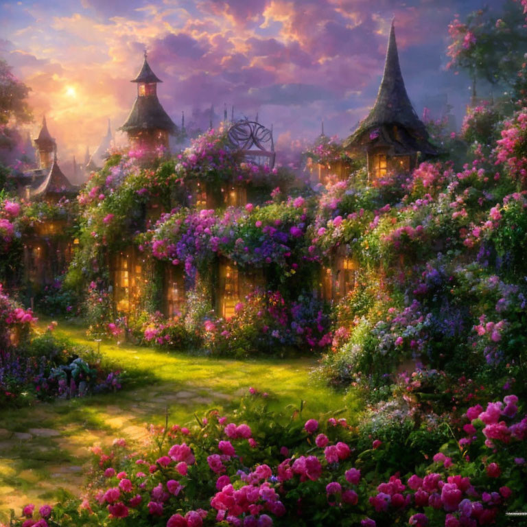 Charming sunset scene of enchanted cottages in flower-filled landscape