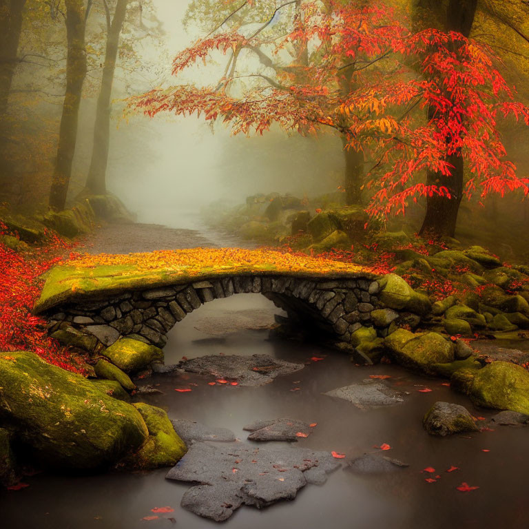 Misty forest scene with stone bridge over calm stream