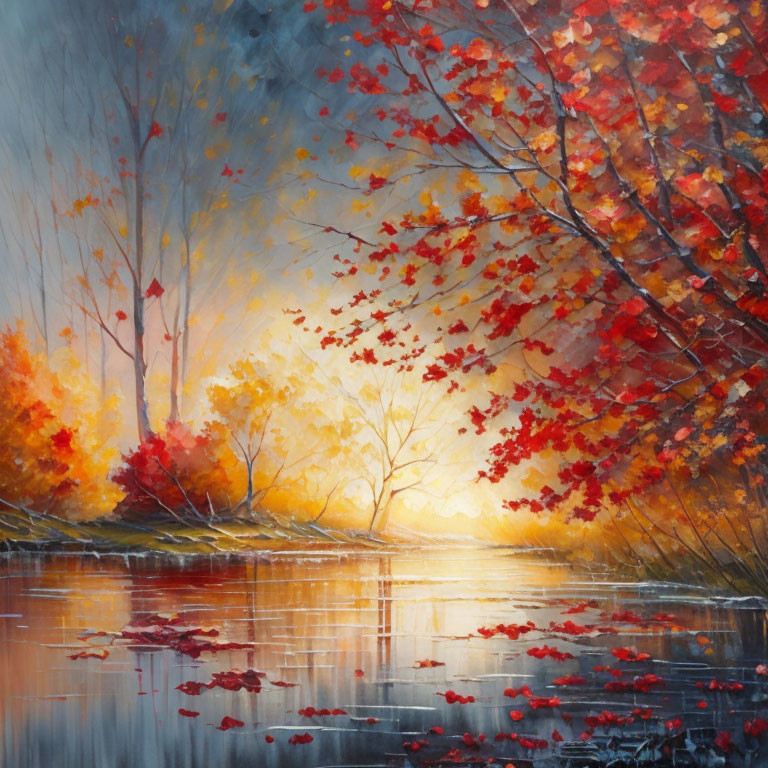 Colorful autumnal scene: red and yellow foliage, tranquil river, soft glowing light