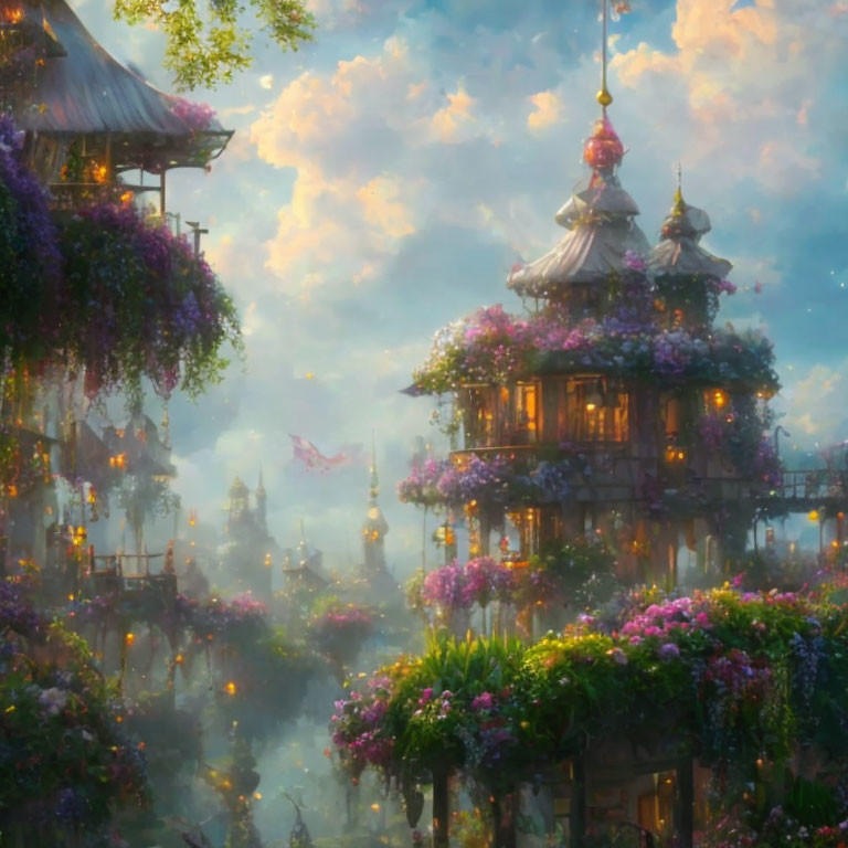 Fantasy village with floating pagoda-style houses and purple flowers in warm glow