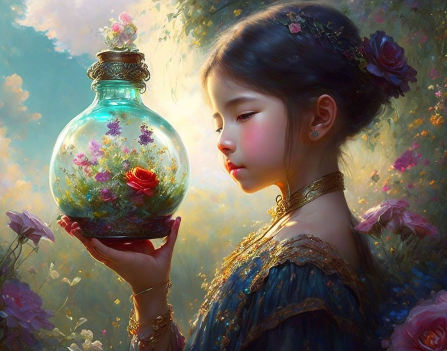 Young girl in vintage dress holding ornate glass bottle with flowers in warm light