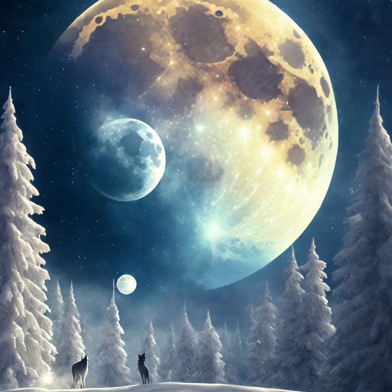 Snowy night landscape with two wolves, towering pines, oversized moon, and stars