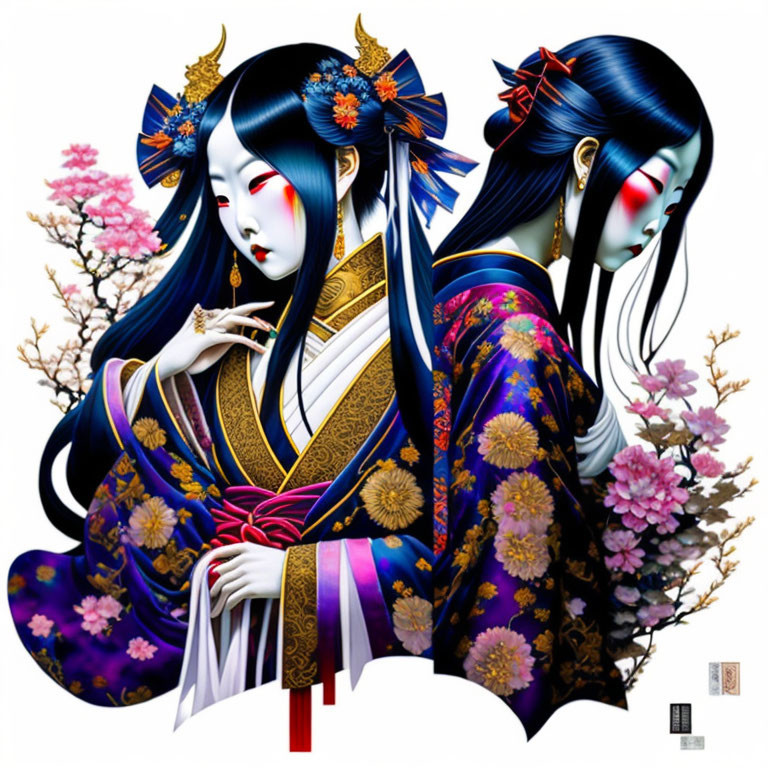 Stylized geisha figures in traditional kimonos with elaborate hairstyles