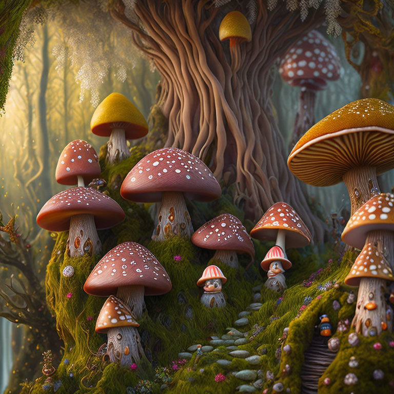 Colorful Mushroom Forest Scene with Gnome-Like Figures