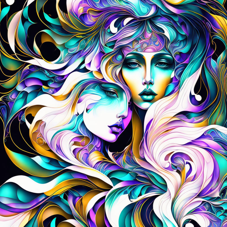 Colorful digital artwork of two stylized female faces with abstract hair and floral patterns