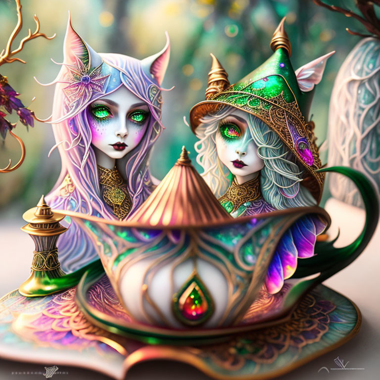 Whimsical anthropomorphic cat creatures in fantasy teacup illustration