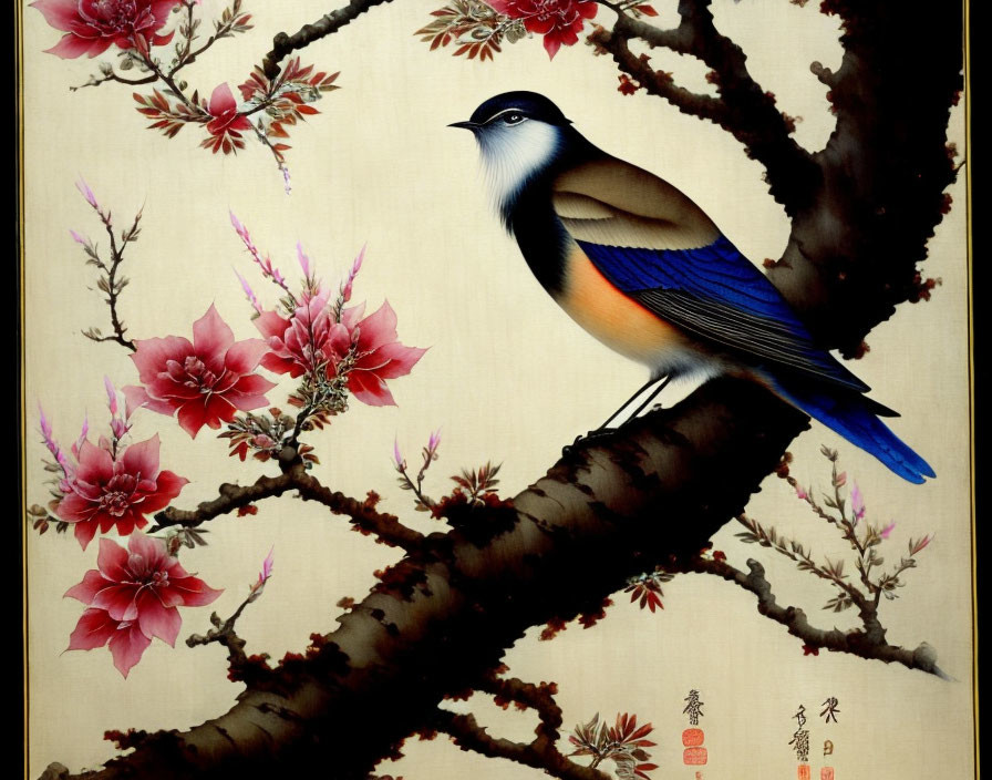 Traditional Asian Painting of Vibrant Bird on Plum Tree Branch