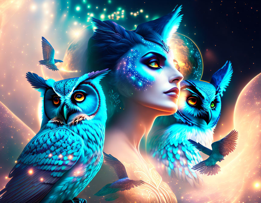 Fantastical image of woman with blue starry skin and blue owls on celestial background