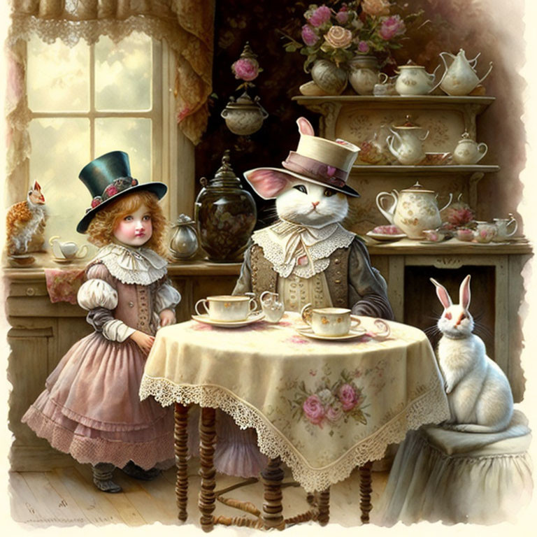 Illustration of young girl and rabbit at tea table with teapots