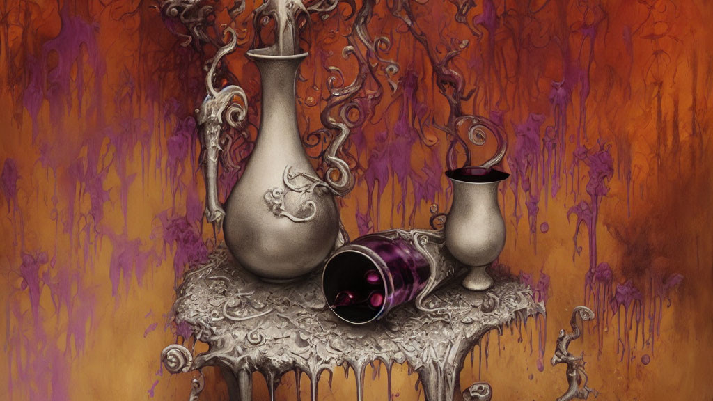 Ornate metallic vases on intricate table with spilled purple liquid on amber backdrop