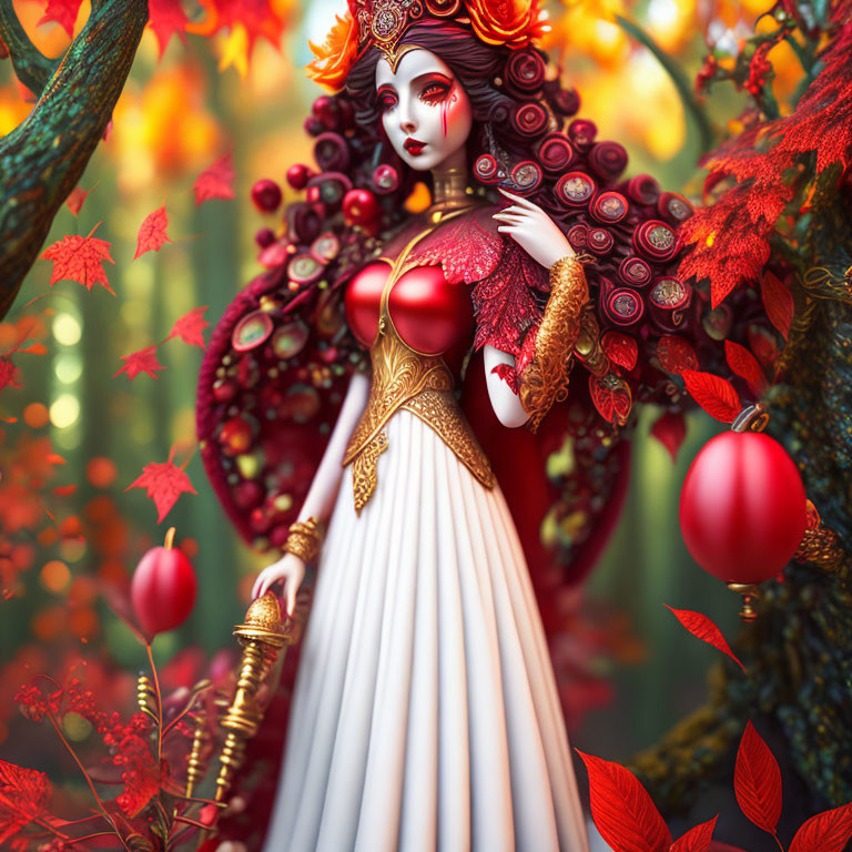 Regal fantasy character with red and gold headdress in autumnal forest