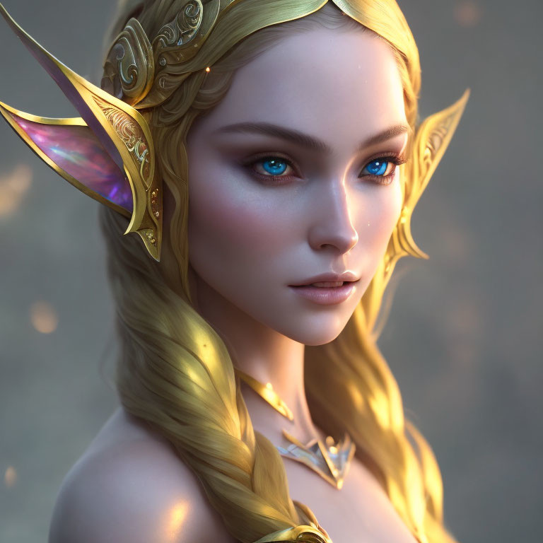 Fantasy elf with golden hair and blue eyes in ornate headpiece.