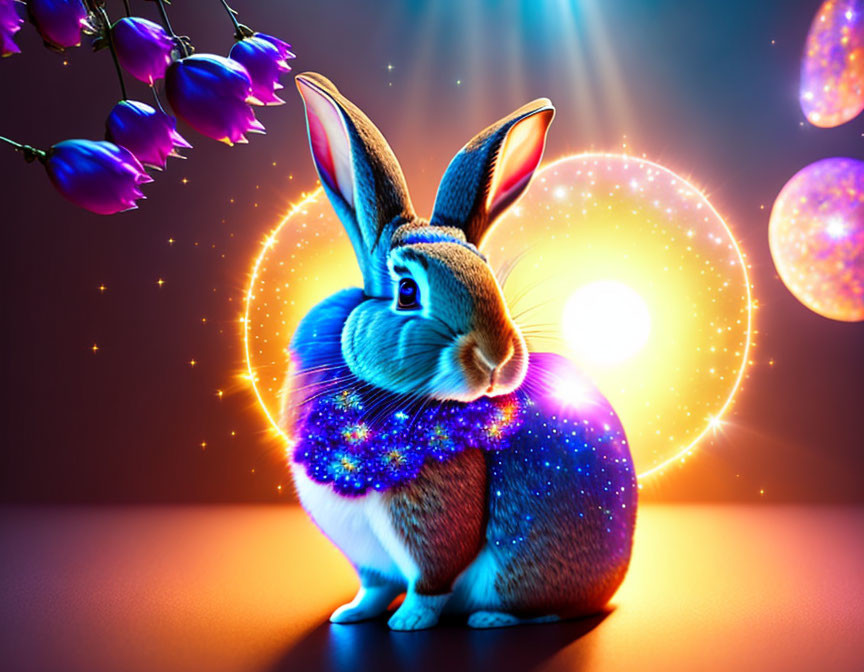 Galaxy-patterned mystical rabbit with orbs and flowers on dark background