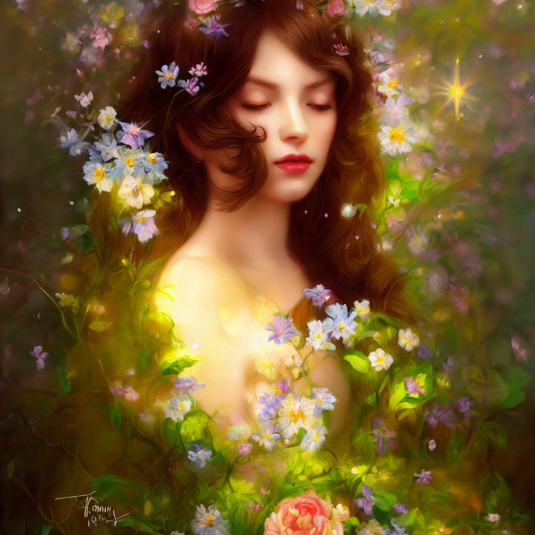 Ethereal portrait of woman with flowers and glowing lights