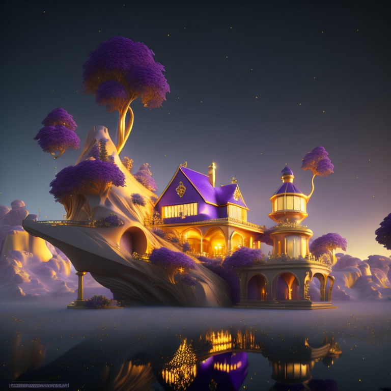 Fantasy palace with purple roofs on organic structure under starry sky.