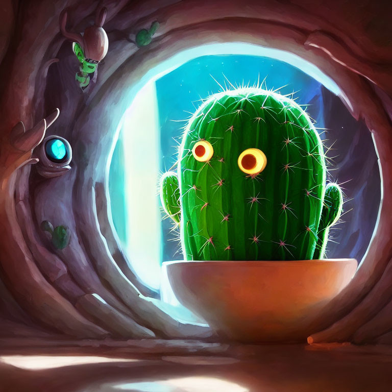 Whimsical painting of cactus with expressive eyes in burrow with fantasy creatures